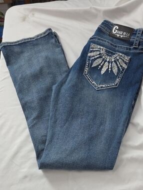 Grace in LA Dark Blue Embroidered Boot Cut Jeans